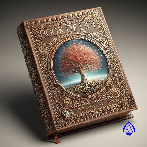 Picture of an ancient sacred book with the title "Book of Life" and picture of Tree of Life in center underneath the title. Eva's Logo is imprinted on the lower right side of photo.