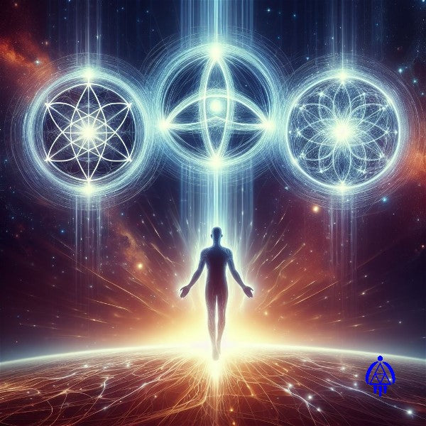 Spiritual figure energized with healing light floating above the Earth in the cosmos. He is with his back toward us and his arms at his side in a mediation position with palms facing forward. There are 3 spheres radiating light energy and floating above him. Each sphere contains an ancient healing symbol and the light from the center sphere is shooting into the individual. Eva’s Logo is imprinted on bottom right of photo.
