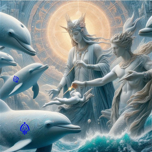 Two Atlantean beings near a circular portal in the sea. They are energizing and attuning a baby with energy wands that they hold in their hands. They are surrounded my magical Dolphins of Atlantis. The dolphins have Eva's Magical Ancient Logo on their sides.