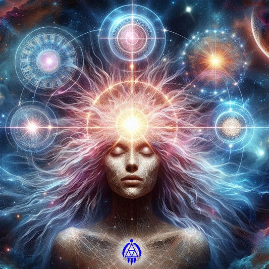 Female Pleiadian Healer in the cosmos performing energy healing to all around her with the language of light shining from her forehead. She is surrounded by spheres containing ancient healing symbols . On her chest right below her throat is a light sphere with Eva's Logo imprinted in it.