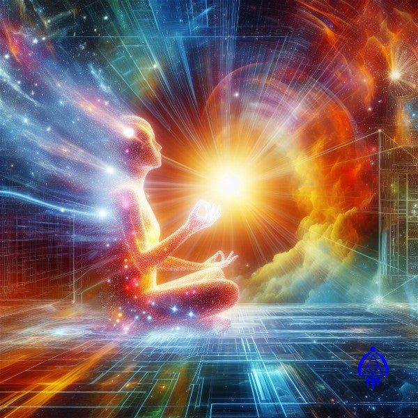 Ancient Alien Being sitting in the cosmos while in a yoga position on a grid of lines. He is using the Language of Light while communicating with the Universe. Light energy radiates all around him as in enters and leaves his body and there is a shining bright light coming out of his right hand that is extended in front of him. Eva's Logo is imprinted on bottom right of photo.