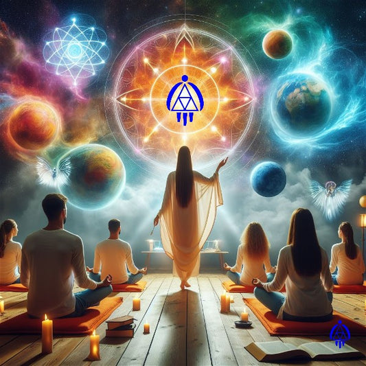 Soul Healer Instructor Teaching Soul Healing Techniques to her students - Teacher is looking into and receiving energy from the cosmos. Teacher is facing the cosmos with her back to students who sit behind her in a mediation pose as they receive their instructions - Eva's Mystical Logo is inside an energy sphere in the cosmos and in front of the instructor - Eva's Logo is imprinted on bottom right of photo.