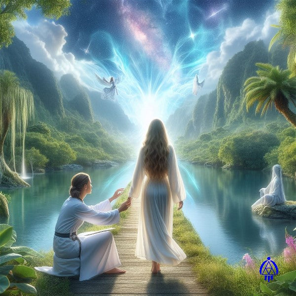 Female Soul Healer dressed in white sitting at start of a small bridge holding the hand of her female client also dressed in white and standing on the bridge next to the healer. The client is ready to begin her soul healing journey. The bridge is surrounded by water in a very peaceful and tranquil area of nature and leads to a shining light. There are several spiritual beings waiting to greet and guide the client through the soul healing process. Eva's Logo is imprinted on lower right side of photo.