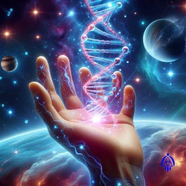 Cupped hand energized with light codes in the cosmos activating a DNA strand that shines brightly as it sits straight up on the palm of the hand. Various planets and stars are in the background. Eva's Logo is imprinted at bottom right of photo..