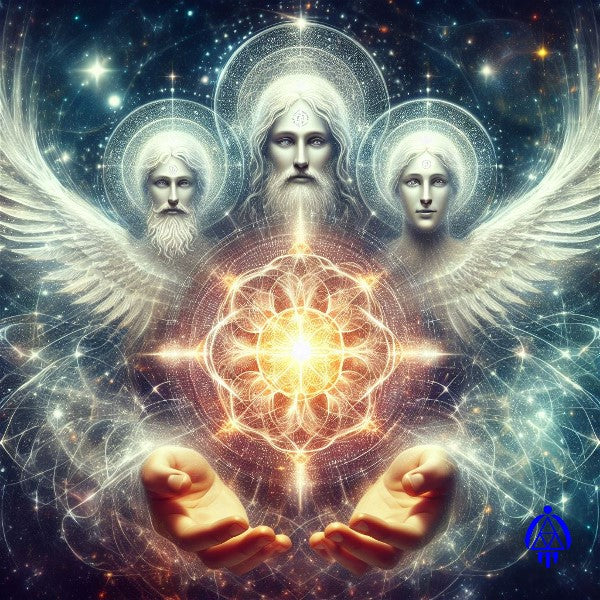 Cupped hands in the cosmos with ancient sacred healing symbol in circle with wings above the hands and 3 Spiritual Beings with halos above the ancient sacred healing symbol. Photo is set in the cosmos with energy light all around. Eva's Logo is imprinted on bottom right of photo.